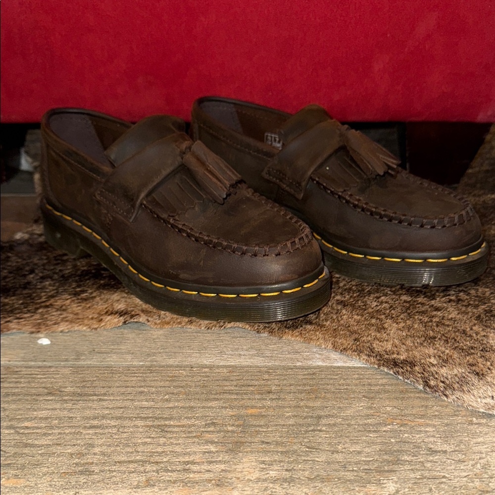 Dr. Martens Brown Tassel Slip-On Loafers with Yellow Stitching
